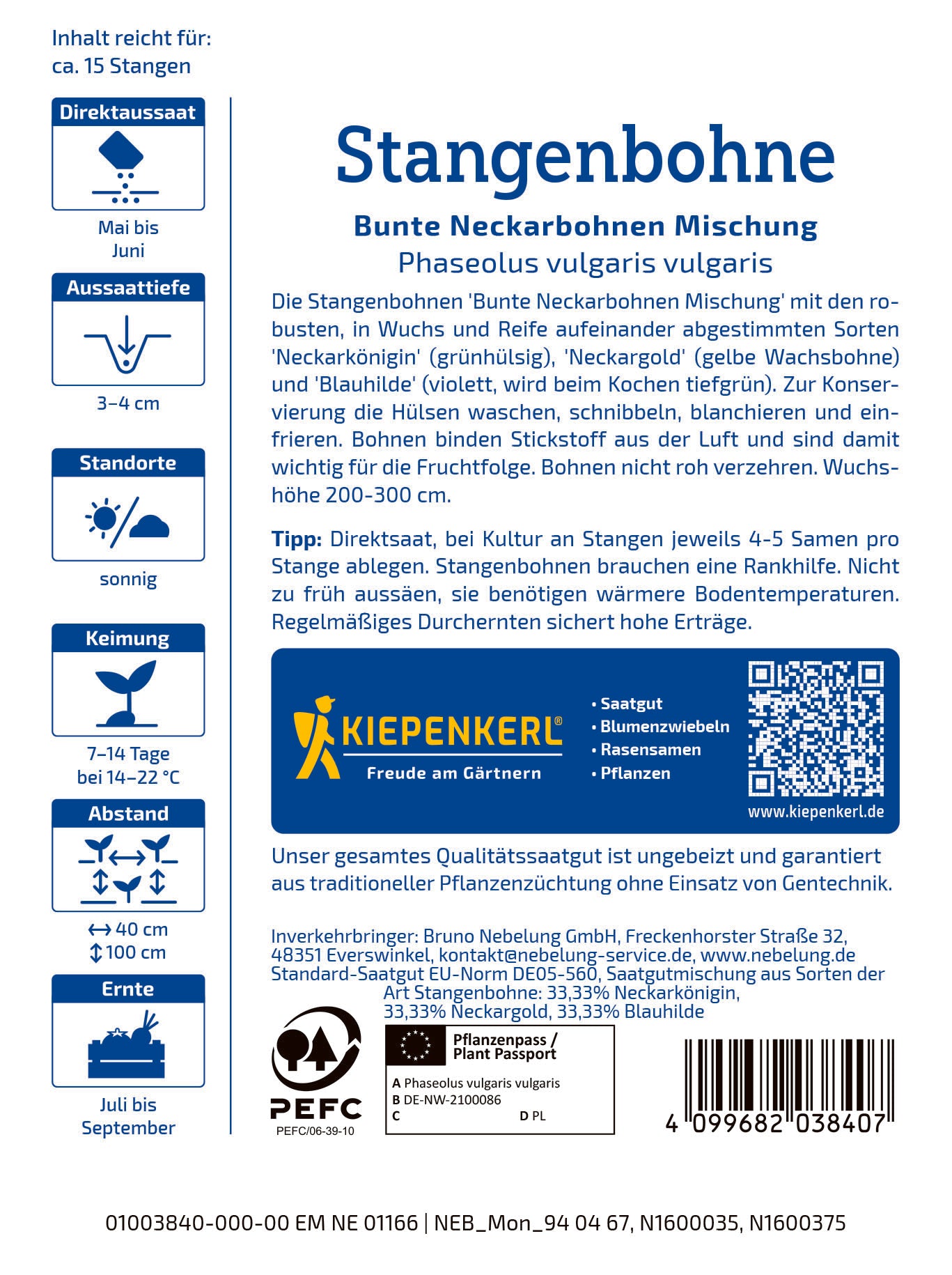 Stangenbohne Mix Neckarkönigin, Neckargold, Blauhilde