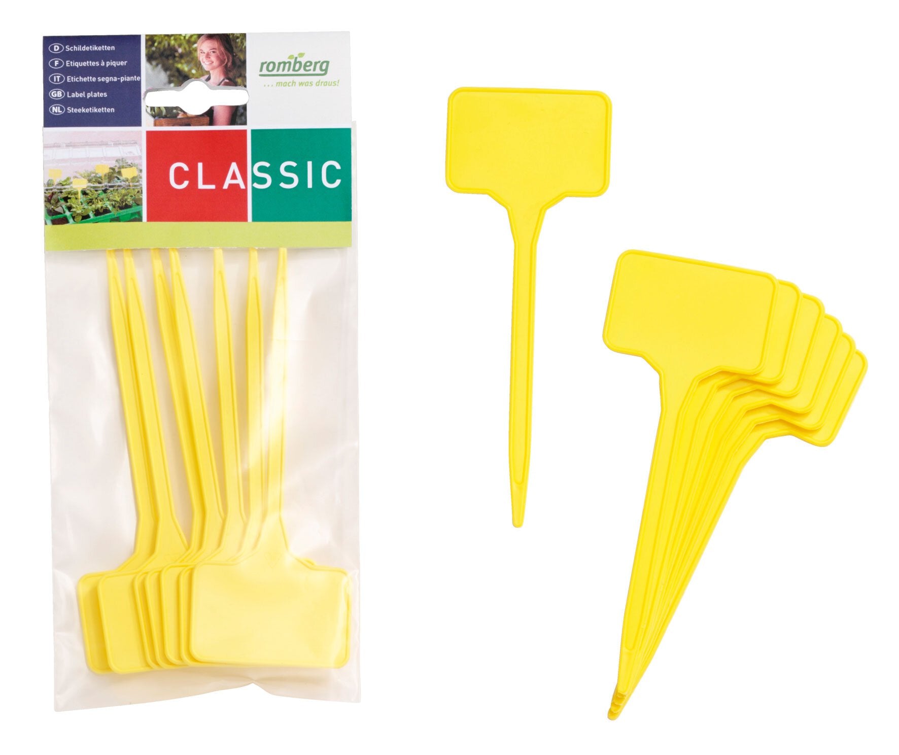 7 Schildetiketten gelb mit großem Beschriftungsfeld 5,5 x 3,5 cm, Stecktiefe 12 cm