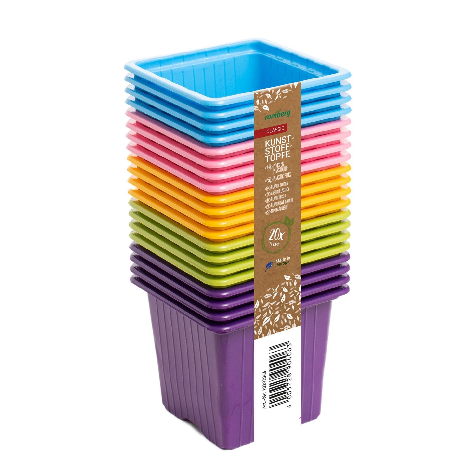 20 Kunststofftöpfe 8 cm quadratisch, 5 verschiedene Farben: lila, gelb, hellgrün, blau, rosa