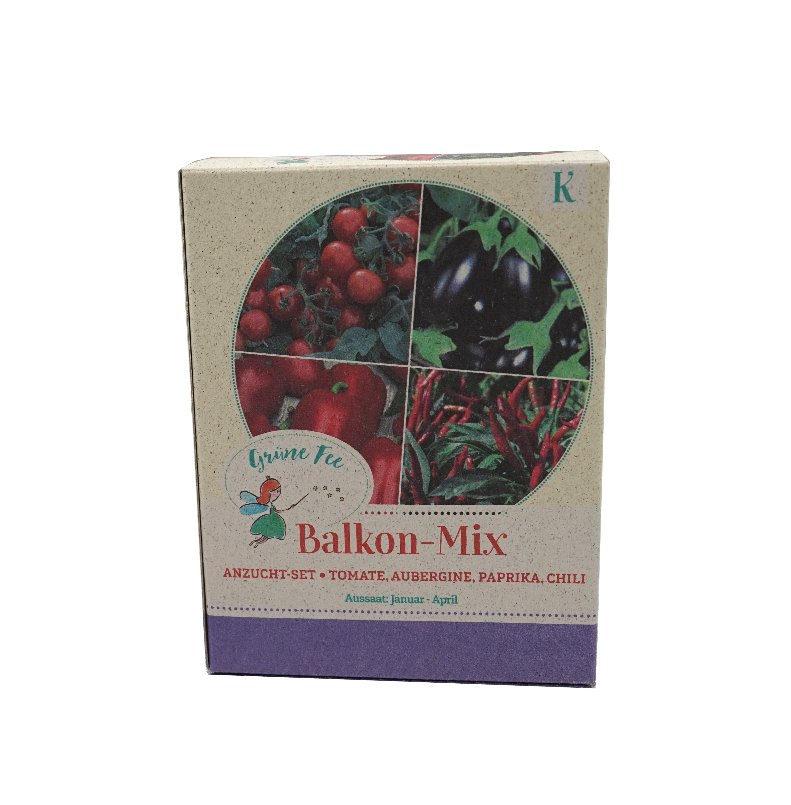 Balkon-Anzucht-Set 4 x Saatgut Anzuchtbecher Kokosquelltabletten und Holzsteckern zum Beschriften  Balkontomate Miniaubergine Snackpaprika Chili