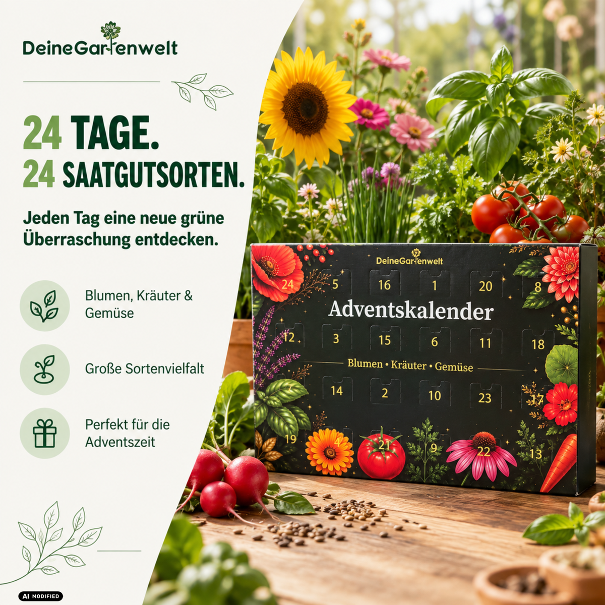 Saatgut Adventskalender mit Anzuchtset – 24 Sorten Blumen, Kräuter & Gemüse