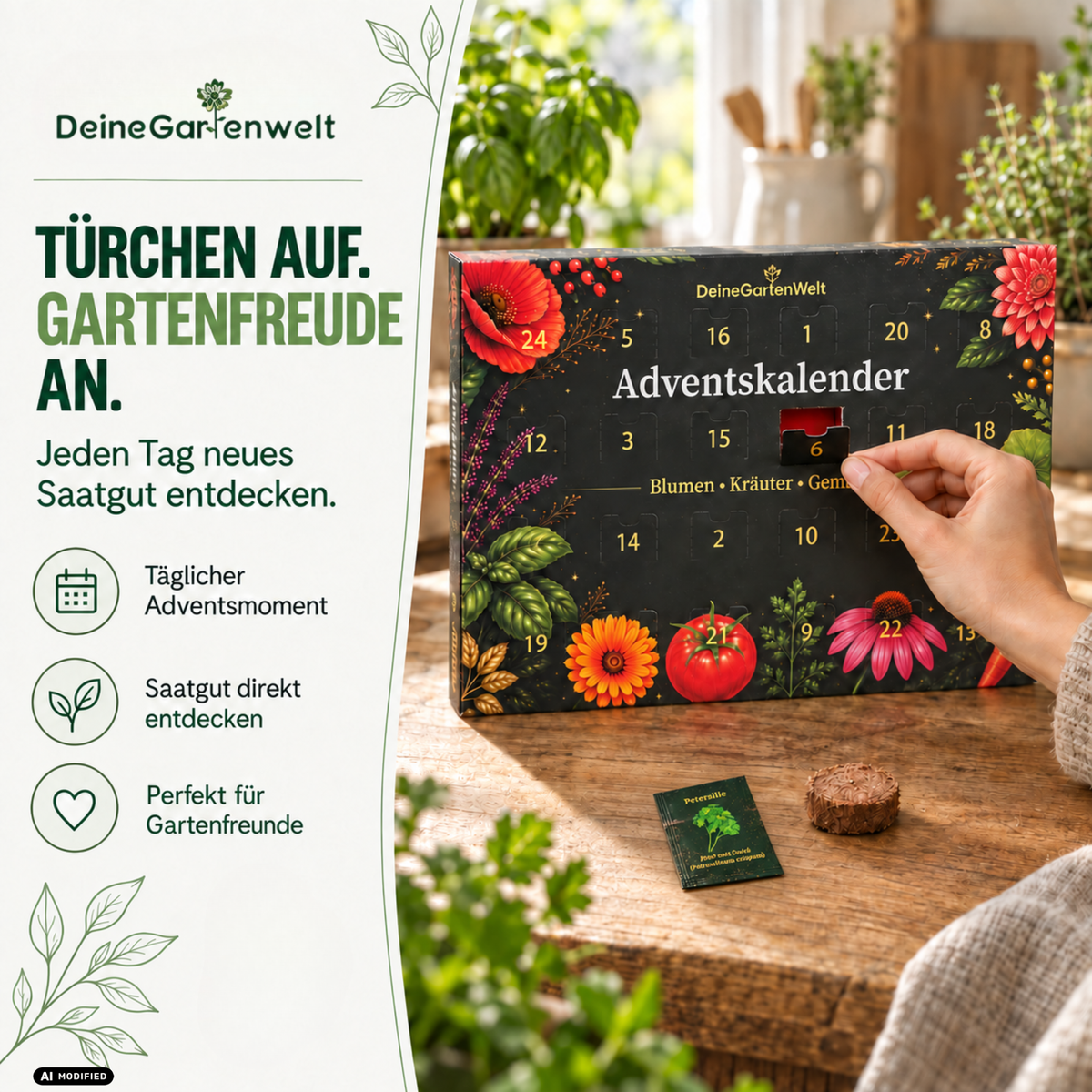Saatgut Adventskalender mit Anzuchtset – 24 Sorten Blumen, Kräuter & Gemüse