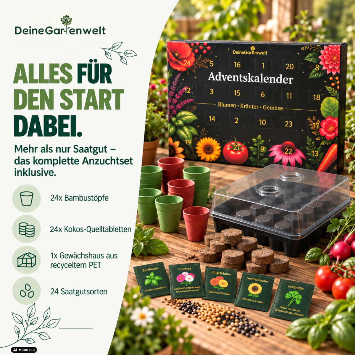 Saatgut Adventskalender mit Anzuchtset – 24 Sorten Blumen, Kräuter & Gemüse