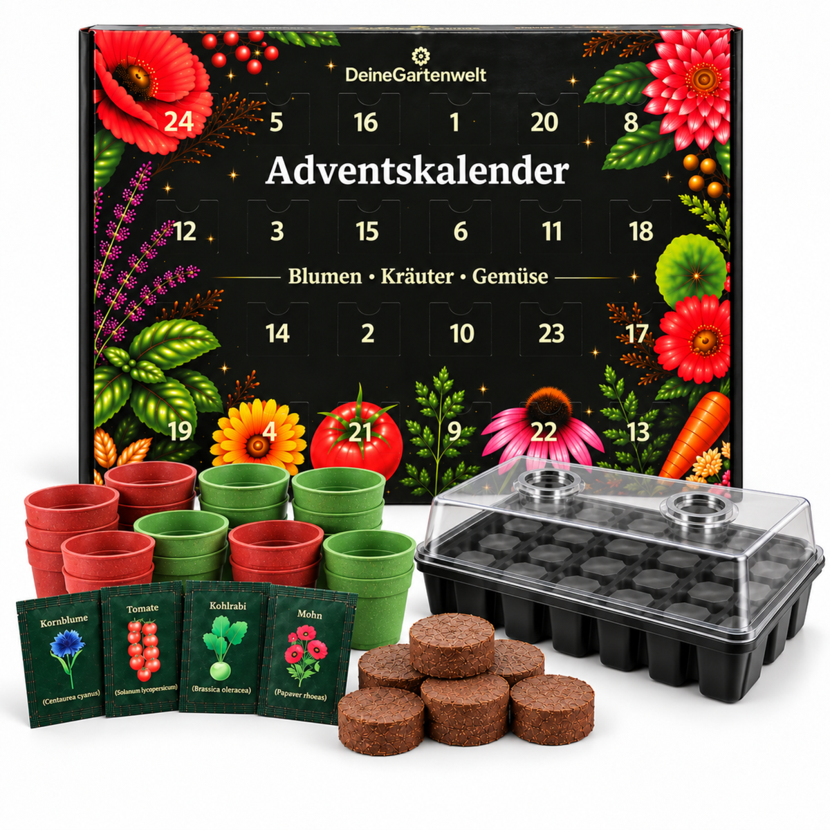 Saatgut Adventskalender mit Anzuchtset – 24 Sorten Blumen, Kräuter & Gemüse