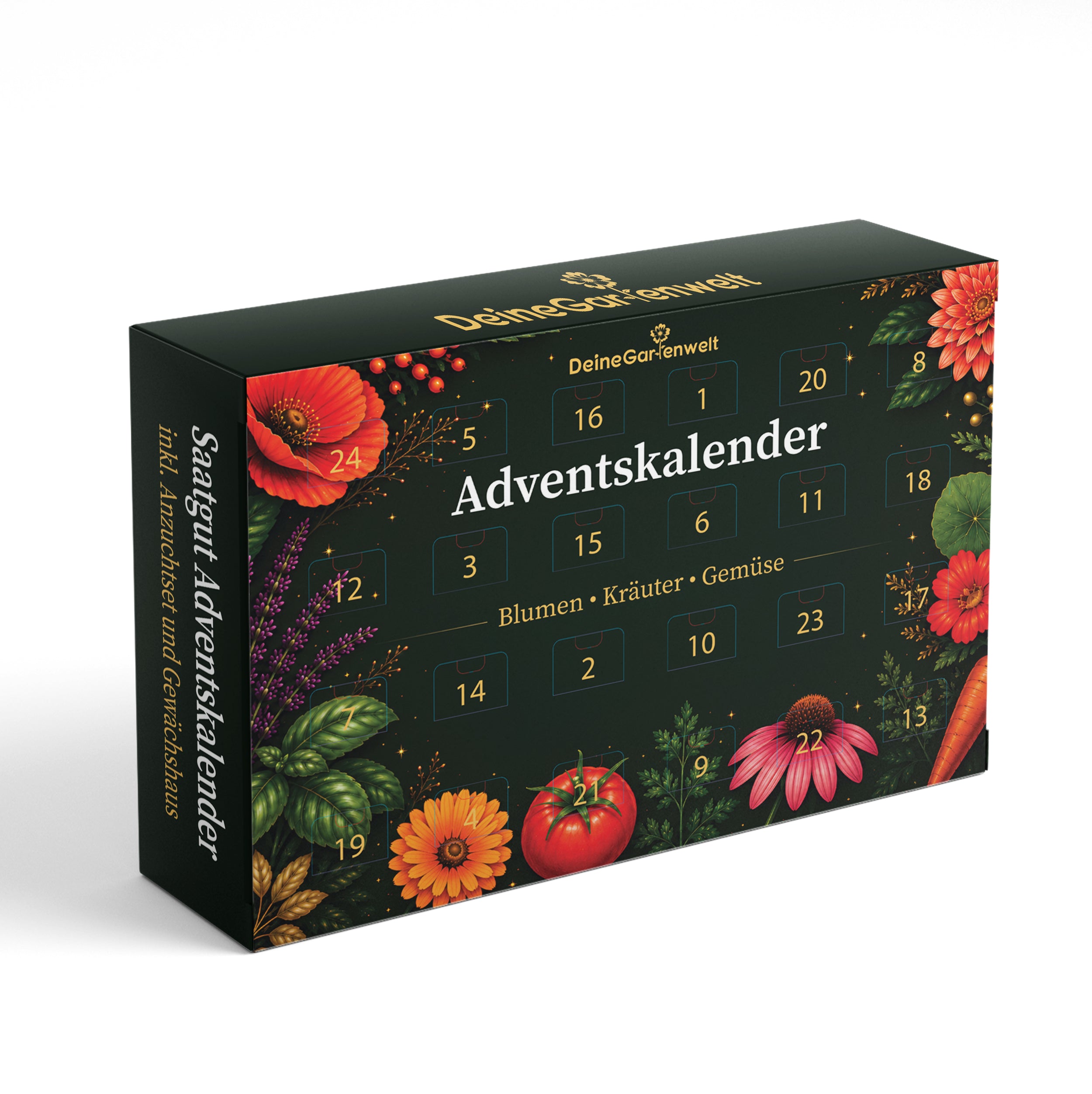 Saatgut Adventskalender mit Anzuchtset – 24 Sorten Blumen, Kräuter & Gemüse